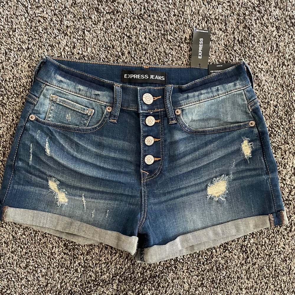 Express Dark Blue Distressed Button-Front Denim S… - image 1